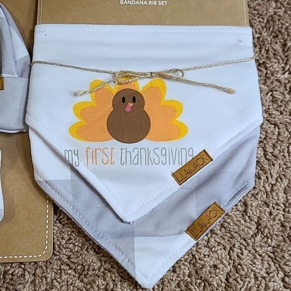 Lila & Jack 2 Sets, one w/2 Thanksgiving Bibs, and second set of booties… - Picture 2 of 4